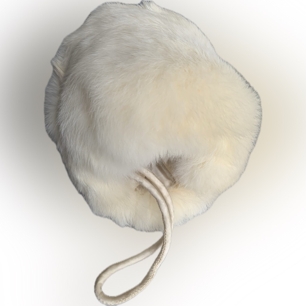 Fluffy White real fur vintage Hand Muff with wrist strap 6”x9”